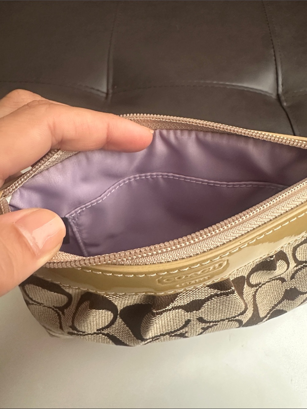 Coach Signature Canvas Wristlet with Tan Patent Leather Trim - Picture 6 of 10